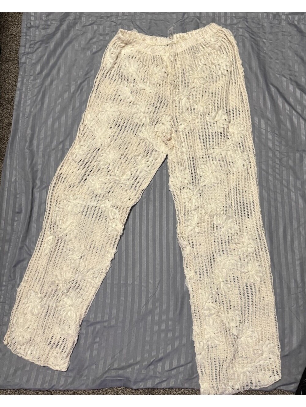 Women’s L Ivory Crochet Lace Beach Cover Up Pants Floral Sheer Wide Leg Boho
